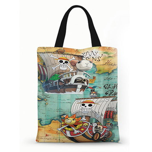 Ecobag personalizada One Piece: mapa e navios coloridos, com alças.