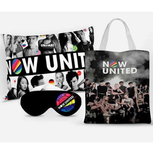 Kit Now United personalizado: almofada 20x30 cm, ecobag 25x32 cm e máscara de dormir, estampa preto.