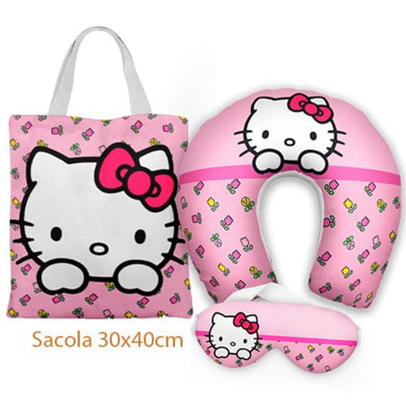 Kit Hello Kitty personalizado: almofada de pescoço infantil, ecobag 36x42 cm e máscara de dormir, estampa xadrez.