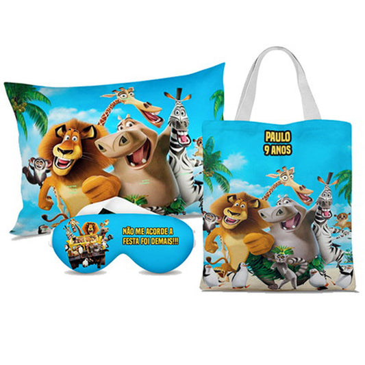 Kit Patrulha Canina personalizado: almofada 20x30 cm, ecobag 25x32 cm e máscara de dormir, estampa azul.