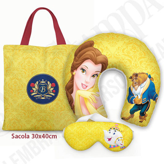 Kit Bela e Fera personalizado: almofada de pescoço infantil, ecobag 36x42 cm e máscara de dormir, estampa brasão.