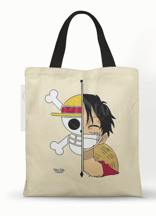 Ecobag personalizada One Piece: bege com luffy e caveira, com alças.