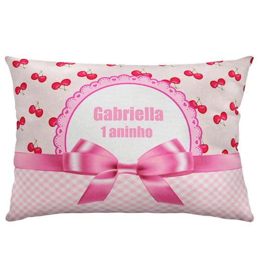 Almofada personalizada Retangular: Cerejas Rosa com Laço Xadrez