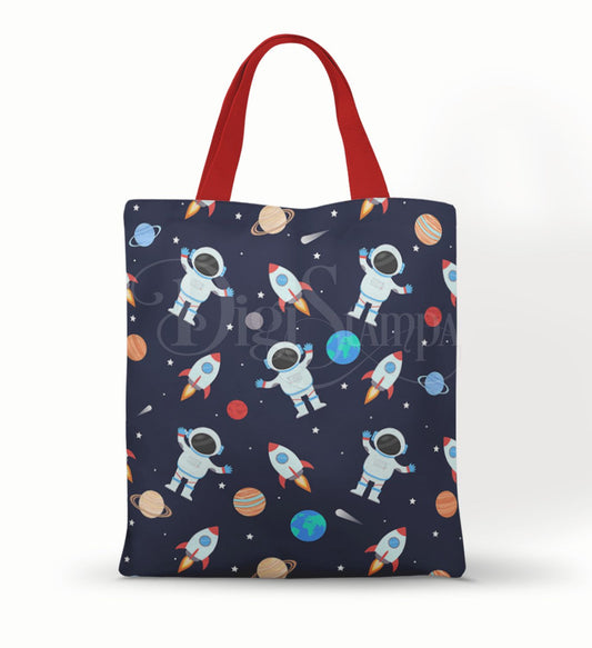 Ecobag personalizada Astronauta: azul com estampa repetida, com alças.