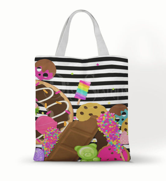 Ecobag personalizada Confeitaria: doces e listras pretas, com alças.