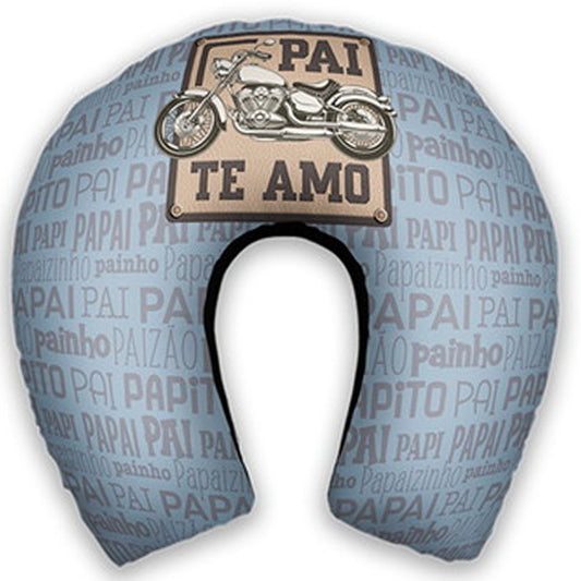 Almofada de pescoço adulto personalizada: fundo azul com letras e desenho de motocicleta.