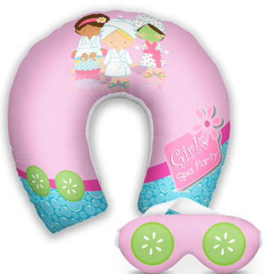 Kit infantil Spa: almofada de pescoço e máscara de dormir personalizadas, estampa rosa.