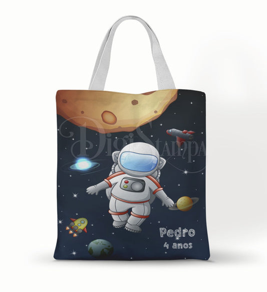 Ecobag personalizada Astronauta: azul com lua e planetas, com alças.