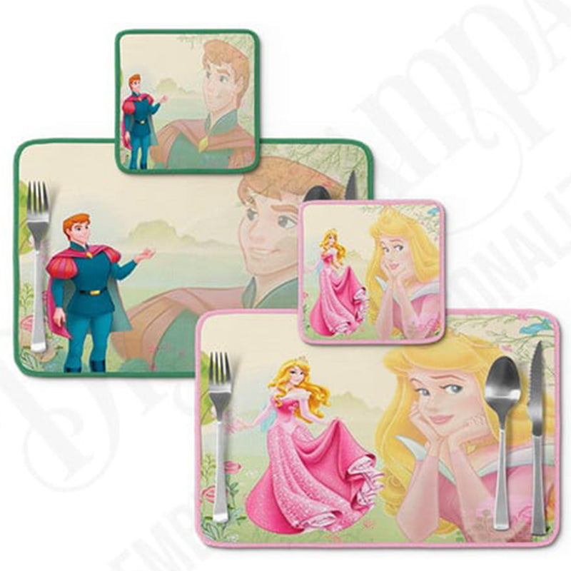 Jogo americano Bela Adormecida, aurora em tons rosa, com porta-prato e porta-copo.