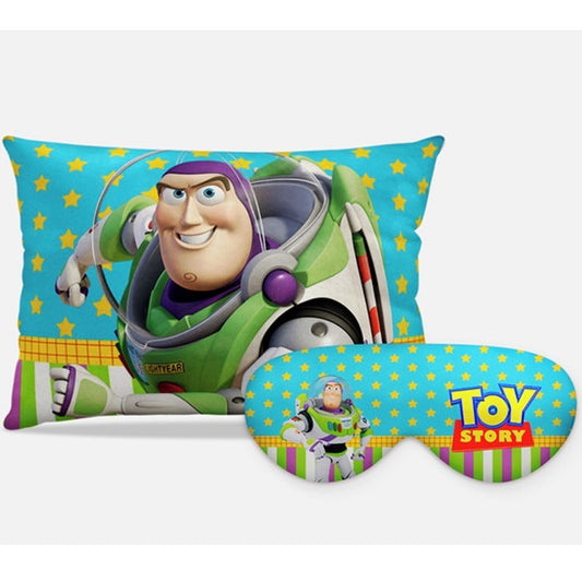 Kit Toy Story personalizado: almofada retangular e máscara de dormir, estampa buzz verde.