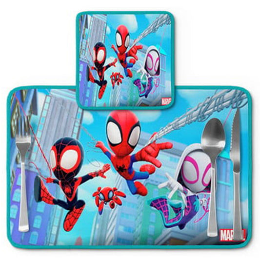 Jogo americano Spidey e Amigos, azul com teias, com porta-prato e porta-copo.