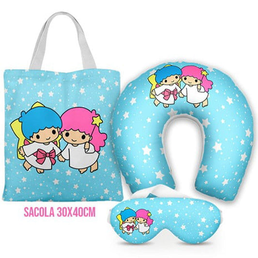 Kit Little Twin Stars personalizado: almofada de pescoço infantil, ecobag 36x42 cm e máscara de dormir, estampa azul.