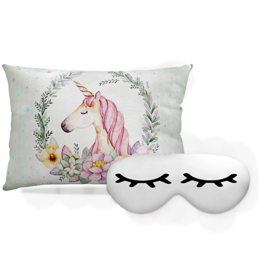 Kit Unicórnio personalizado: almofada retangular e máscara de dormir, estampa flores rosa.