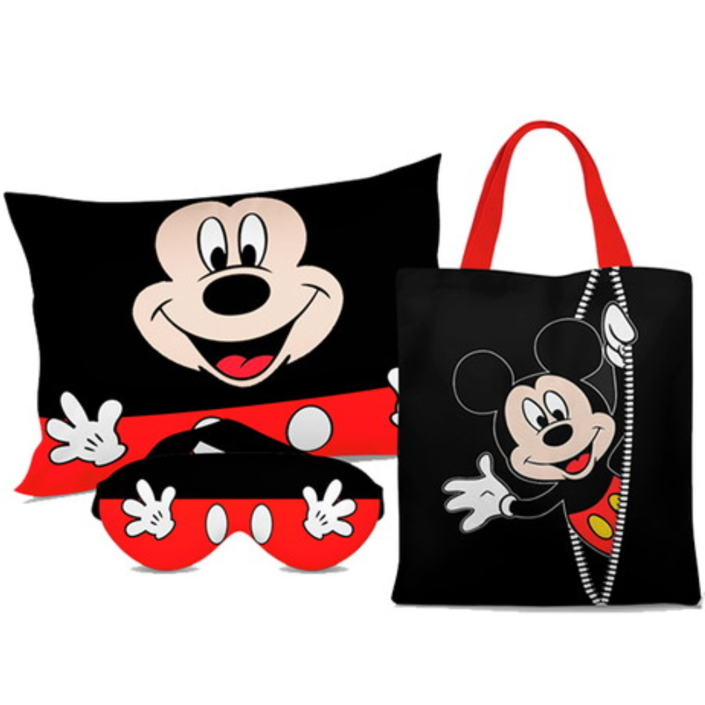 Kit Mickey personalizado: almofada 20x30 cm, ecobag 25x32 cm e máscara de dormir, estampa vermelho.