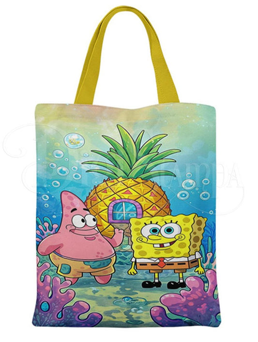 Ecobag personalizada Bob Esponja: azul com casa abacaxi, com alças.