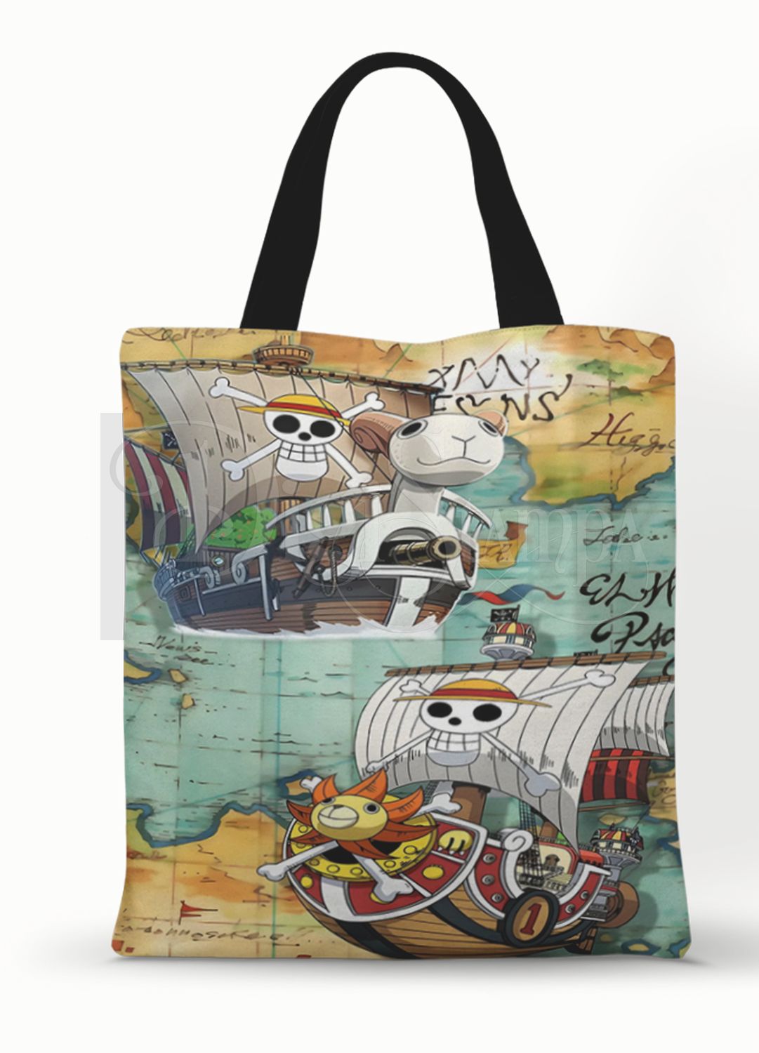 Ecobag personalizada One Piece: mapa e navios coloridos, com alças.