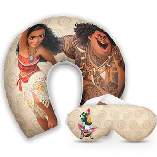 Kit infantil Moana: almofada de pescoço e máscara de dormir personalizadas, estampa bege.
