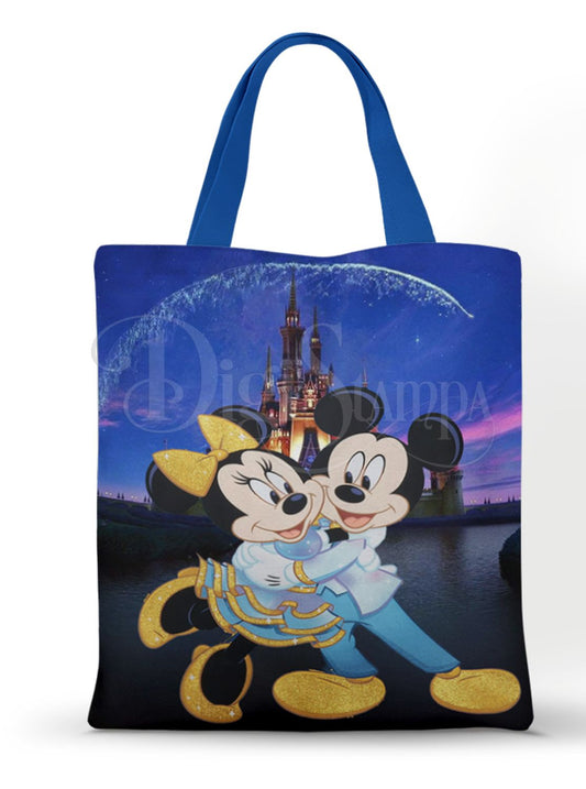 Ecobag personalizada Mickey e Minnie: azul com castelo, com alças.