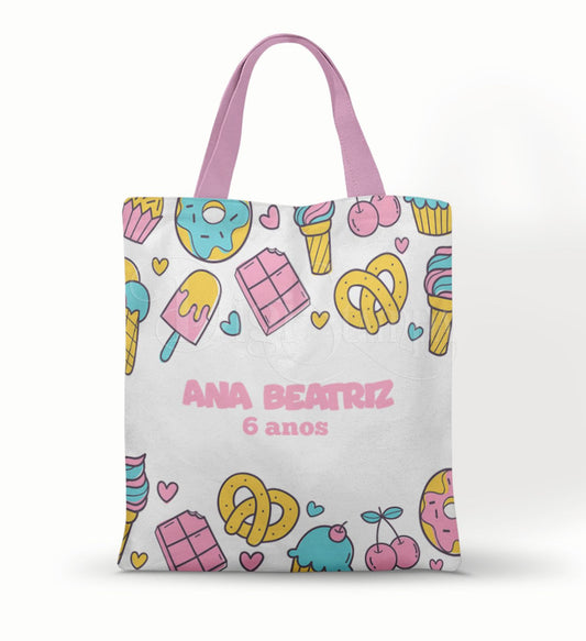 Ecobag personalizada Confeitaria: doces coloridos e rosa, com alças.