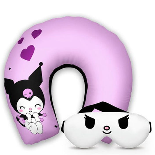 Kit infantil Kuromi: almofada de pescoço e máscara de dormir personalizadas, estampa corações.
