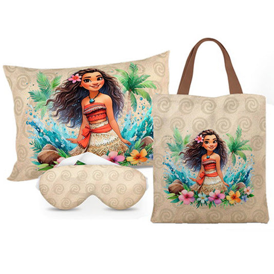 Kit Moana personalizado: almofada 20x30 cm, ecobag 25x32 cm e máscara de dormir, estampa bege.