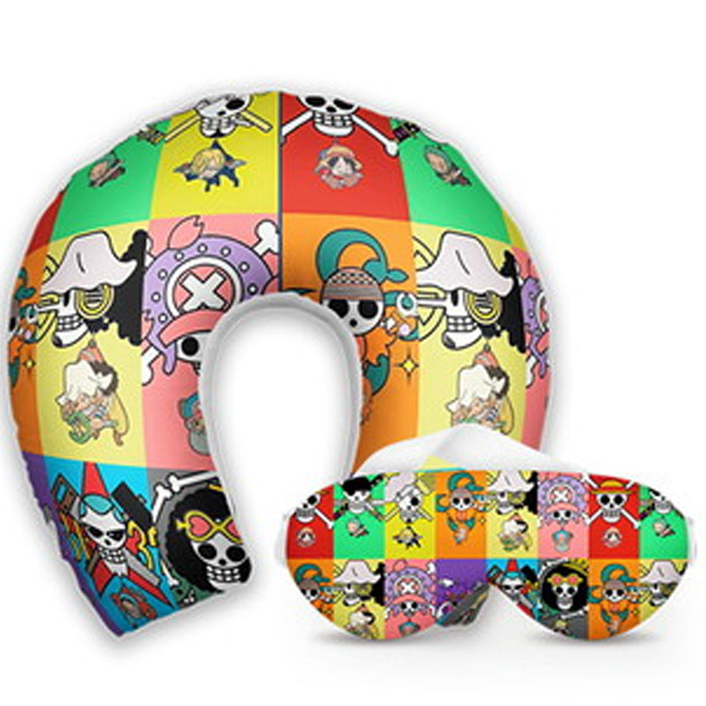 Kit infantil One Piece: almofada de pescoço e máscara de dormir personalizadas, estampa xadrez.