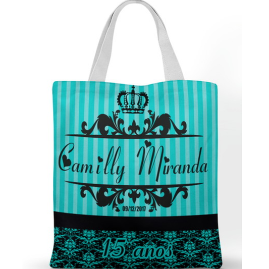 Ecobag personalizada 15 Anos: listras azuis e coroa, com alças.