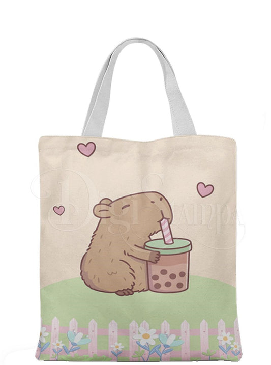 Ecobag personalizada Capivara: bege com corações, com alças.