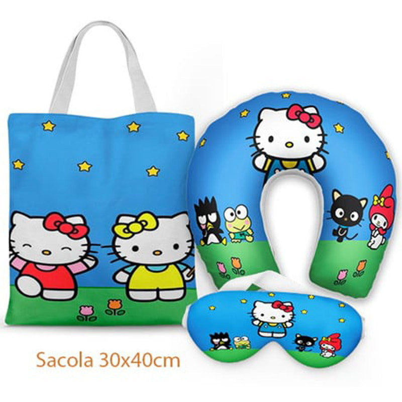 Kit Hello Kitty personalizado: almofada de pescoço infantil, ecobag 36x42 cm e máscara de dormir, estampa azul.