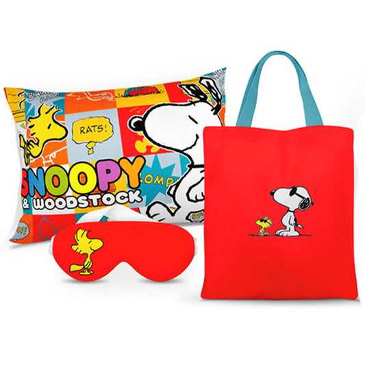 Kit Snoopy personalizado: almofada 20x30 cm, ecobag 25x32 cm e máscara de dormir, estampa vermelho.