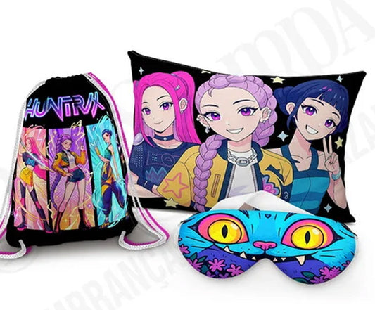 Kit Guerreiras K-Pop, roxo com trio, com almofada, sacochila e máscara de dormir.
