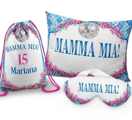 Kit Mamma Mia, branco com flores, com almofada, sacochila e máscara de dormir.