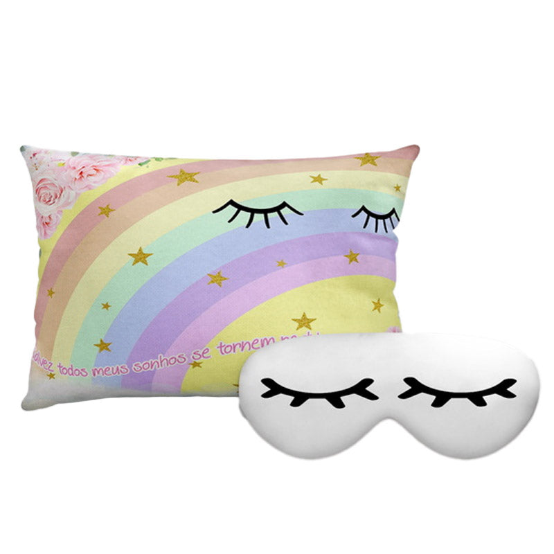 Kit Unicórnio personalizado: almofada retangular e máscara de dormir, estampa olhos e arco-íris.