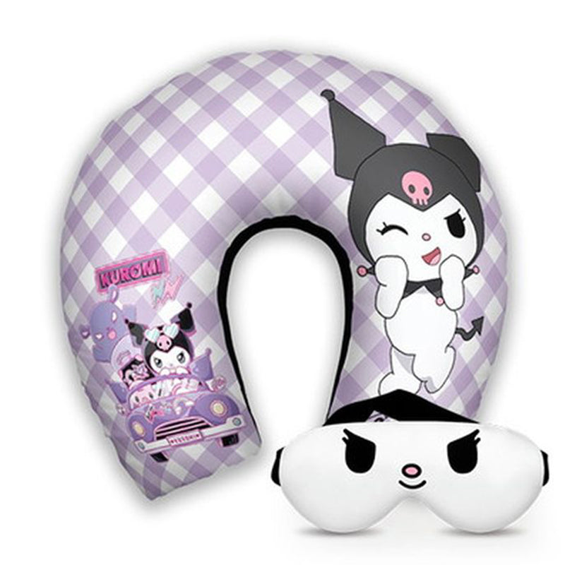 Kit infantil Kuromi: almofada de pescoço e máscara de dormir personalizadas, estampa xadrez.