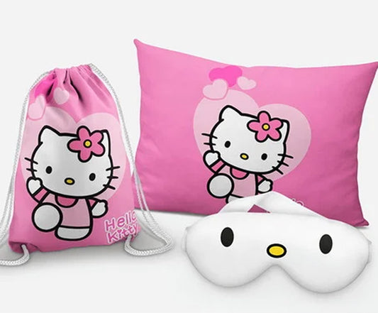 Kit Hello Kitty, rosa com laços, com almofada, sacochila e máscara de dormir.