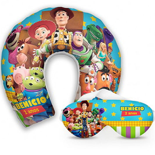 Kit infantil Toy Story: almofada de pescoço e máscara de dormir personalizadas, estampa colorido.