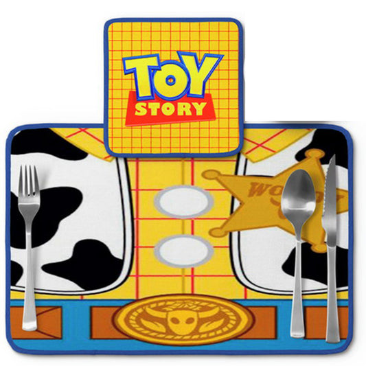 Jogo americano Toy Story, woody com xadrez amarelo, com porta-prato e porta-copo.