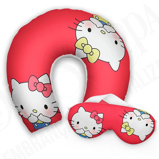 Kit infantil Hello Kitty: almofada de pescoço e máscara de dormir personalizadas, estampa vermelho.