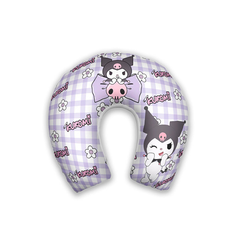 Kit infantil Kuromi: almofada de pescoço e máscara de dormir personalizadas, estampa xadrez.