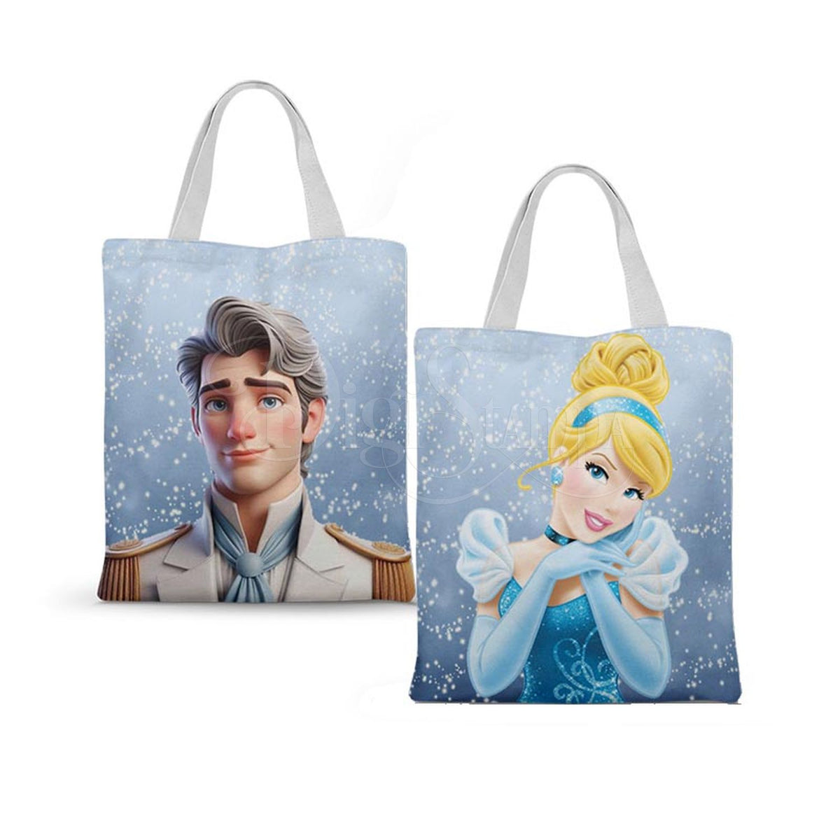 Ecobag personalizada Cinderela: azul com príncipe, com alças.