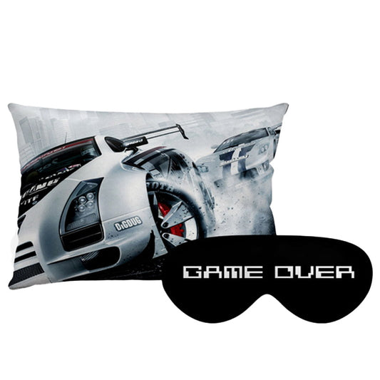 Kit Carro Esportivo personalizado: almofada retangular e máscara de dormir, estampa cinza.