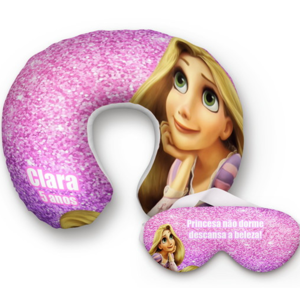 Kit infantil Rapunzel: almofada de pescoço e máscara de dormir personalizadas, estampa rosa.