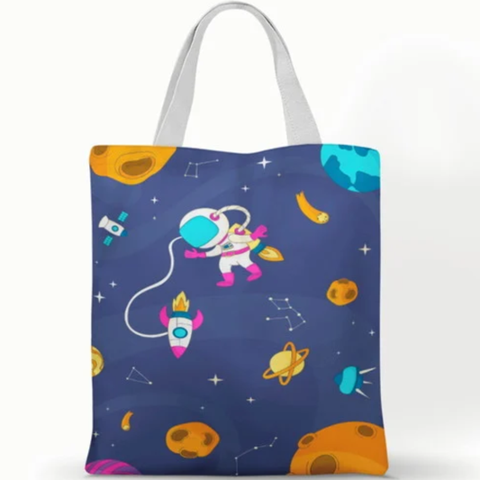 Ecobag personalizada Astronauta: azul com planetas, com alças.