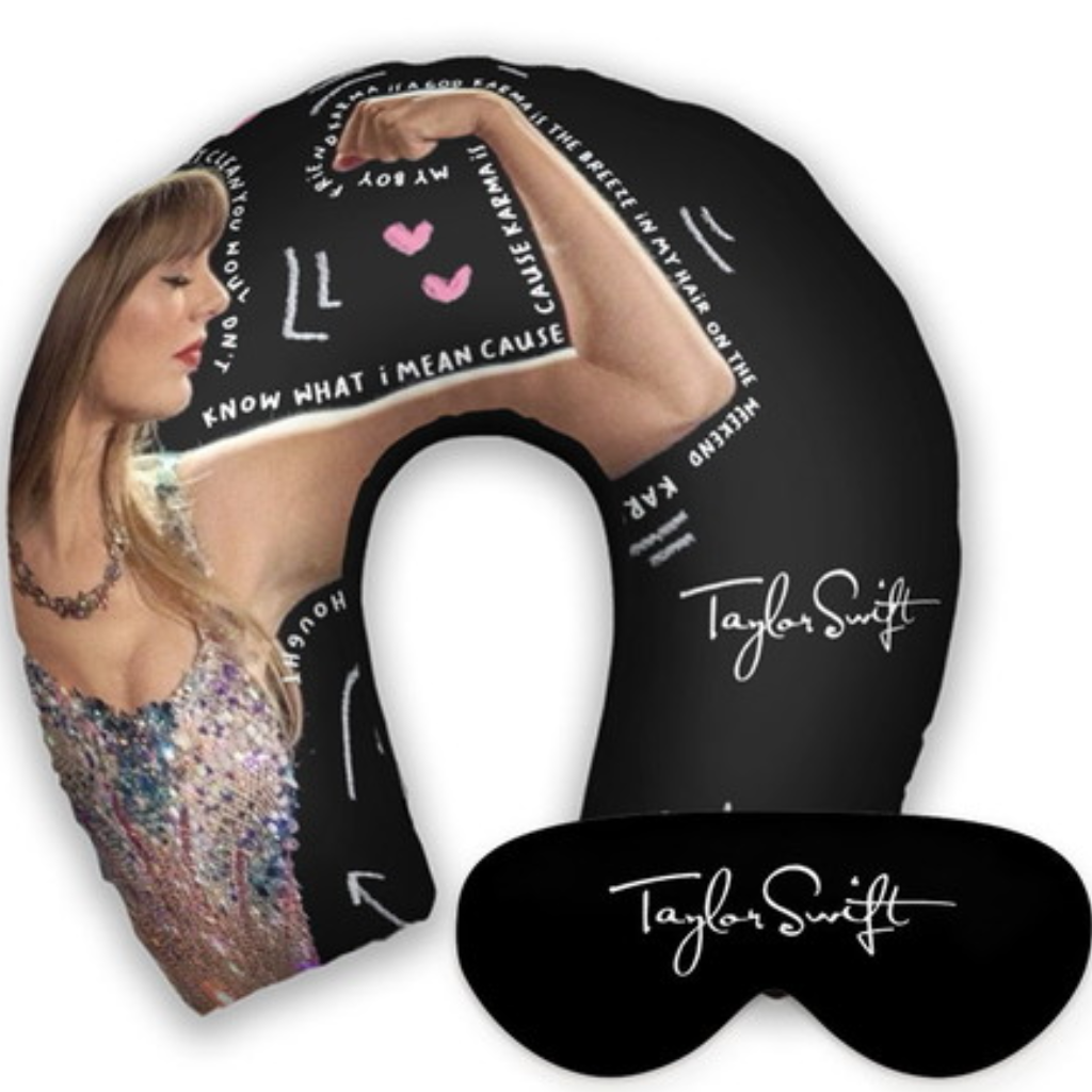 Kit infantil Taylor Swift: almofada de pescoço e máscara de dormir personalizadas, estampa preto.