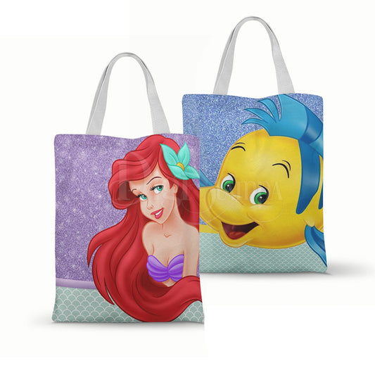 Ecobag personalizada Ariel e Linguado: azul e lilás, com alças.