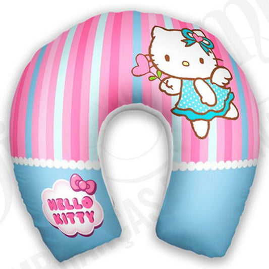 Almofada de pescoço infantil Hello Kitty: Hello Kitty e listras verticais rosa, brancas e azuis.