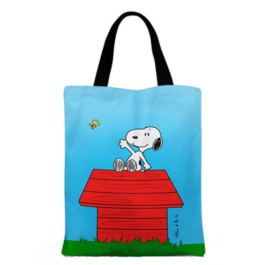 Ecobag personalizada Snoopy: azul com casinha vermelha, com alças.