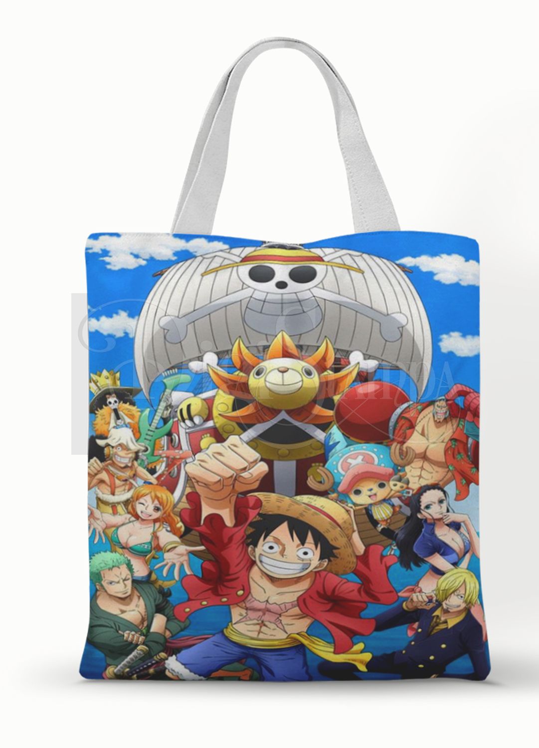 Ecobag personalizada One Piece: azul com piratas e navio, com alças.