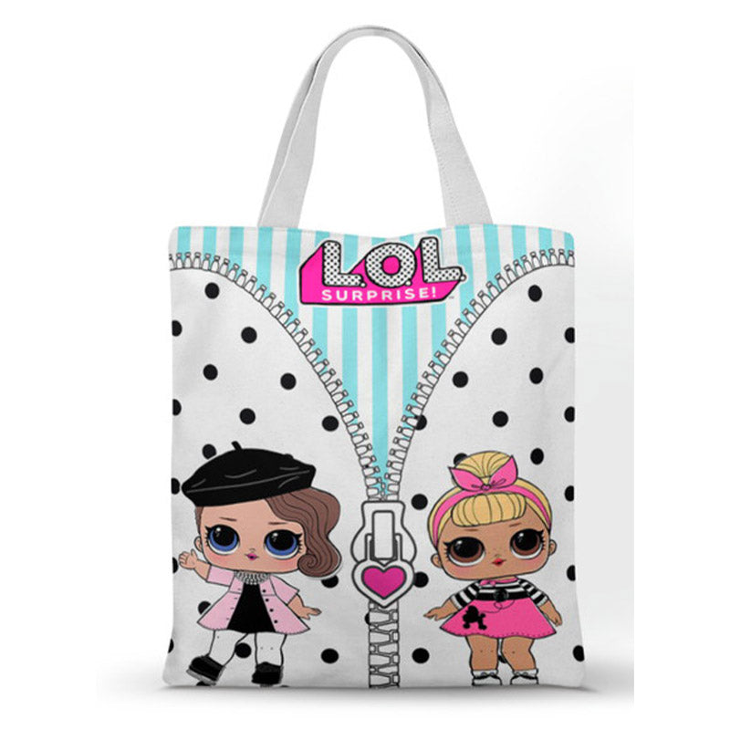 Ecobag personalizada LOL Surprise: listras azuis e poás, com alças.