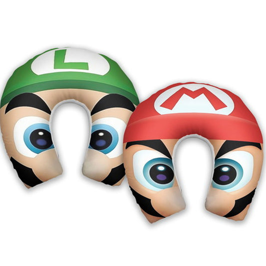 Almofada de pescoço infantil Mario e Luigi: rostos de Mario e Luigi em destaque, com bonés vermelho e verde.